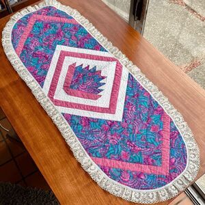 Vintage 1980s Handmade Quilted Table Runner w/ Lace Butterfly Wing